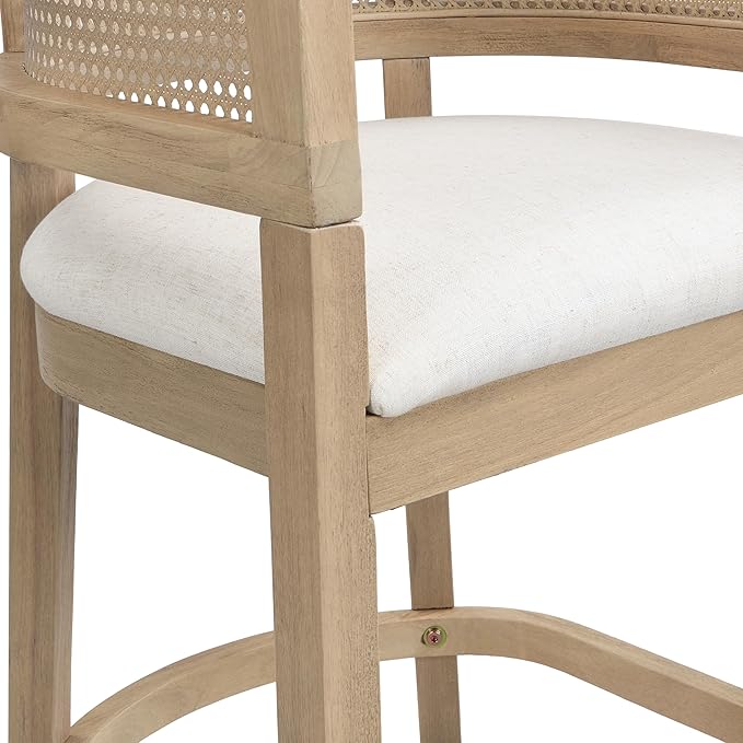 Set of 2 Upholstered Arm Counter Stools with Solid Rubberwood Frame & Natural Rattan Caned Back,Soft Padded Seating,Transitional Farmhouse Chairs for Kitchen Island Dining Room,25.5" H Natural Ash