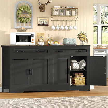 TEENFON 63” Buffet Cabinet with Storage and 2 Drawers, Large Sideboard Cabinet with Adjustable Shelves and 4 Doors, Coffee Bar, Buffet Table for Kitchen, Dining Room, Black