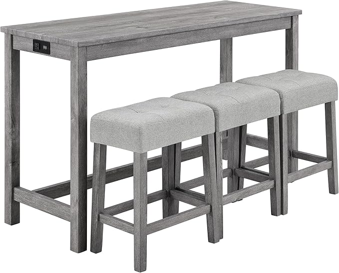 LKTART 4 Piece Bar Table Set Dining Bar Table and Chairs Set with Power Outlet Industrial Breakfast Table with 3 Padded Stools Rustic Bar Kitchen Dinning Room Living Room Grey