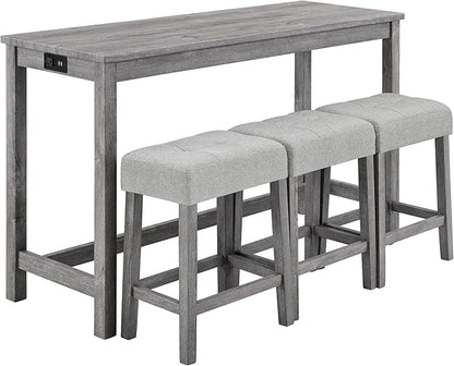 LKTART 4 Piece Bar Table Set Dining Bar Table and Chairs Set with Power Outlet Industrial Breakfast Table with 3 Padded Stools Rustic Bar Kitchen Dinning Room Living Room Grey