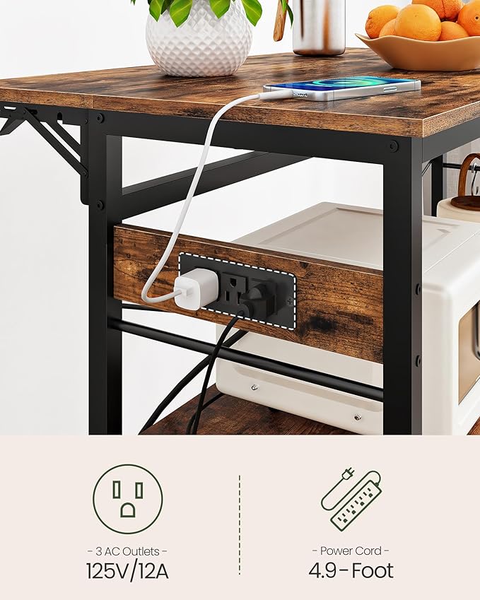 CHOEZON Kitchen Island with Power Outlet and Folding Top, Movable with 3-Tier Storage, Large Size, Wooden Shelves and Wine Rack, for Kitchen, Dining and Living Room, Rustic Brown and Black TZD02UBF