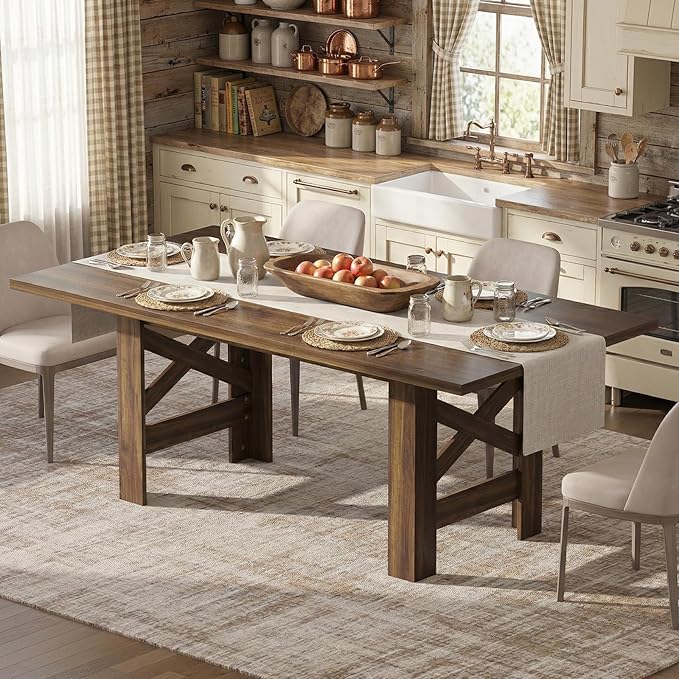 IDEALHOUSE 71" L Farmhouse Dining Table for 6-8, Rectangular Barn Wooden Kitchen Table with a Rock-Strong Thick Base, Triangular Legs, Long Dining Room Table for Office, Kitchen, Apartments, Walnut
