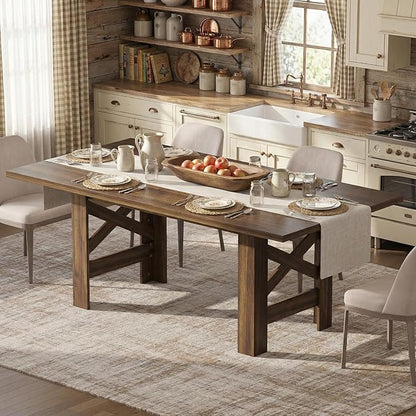 IDEALHOUSE 71" L Farmhouse Dining Table for 6-8, Rectangular Barn Wooden Kitchen Table with a Rock-Strong Thick Base, Triangular Legs, Long Dining Room Table for Office, Kitchen, Apartments, Walnut