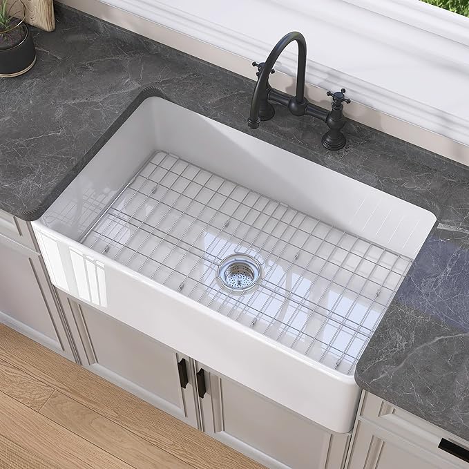 GETPRO Farmhouse Sink 33 Inch Fireclay White Kitchen Sink Apron Front Farm House Large Deep Single Bowl Undermount Modern Luxury Kitchen Basin Easy to Clean