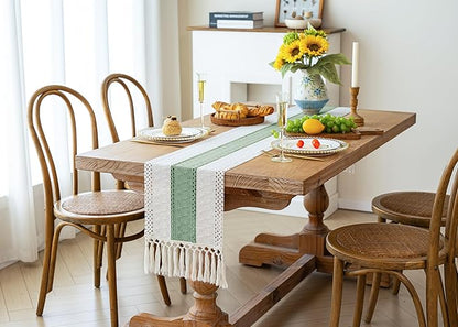 FEXIA Boho Table Runner for Home Decor with Tassels 108 Inches Long,Sage Green Farmhouse Rustic Table Runner Macrame Burlap Table Decoration for Living Room Bridal Shower(12x108 Inches)