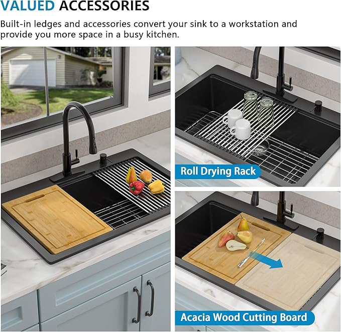 33 Granite Composite Kitchen Sink - Fulorni 33"x22" Granite Kitchen Sink Drop In Topmount Ledge Workstation ‎Matte Black Quartz Classic Above Counter Single Bowl Sink Basin