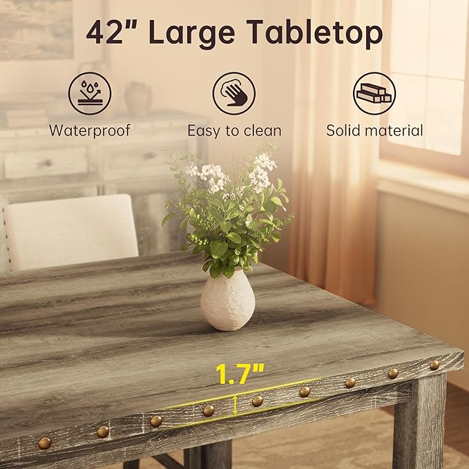 42 inch Counter Height Dining Table for 4-6 People, Farmhouse Dining Table with Rubberwood Leg, Rustic Square Bar Table for Dining Room, Kitchen Island
