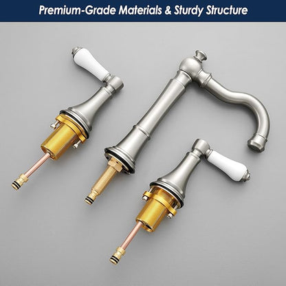 Porcelain 2-Handle Bathroom Faucets Brushed Nickel 8 inch Widespread with Plastic Pop-Up Drain & 2Pcs Water Supply Lines, Classical Vanity Sink Faucet for 3 Holes, 360° Swivel Brass Spout