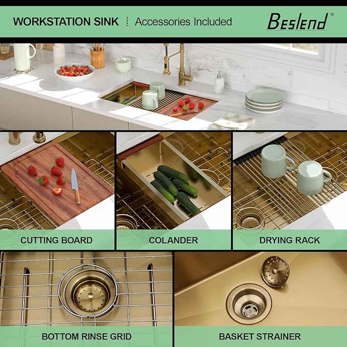 30 Gold Undermount Kitchen Sink - Beslend 30x19 Gold Double Bowl Kitchen Sinks Workstation 16 Gauge Stainless Steel Golden Sink Low Divide Double Basin 50/50