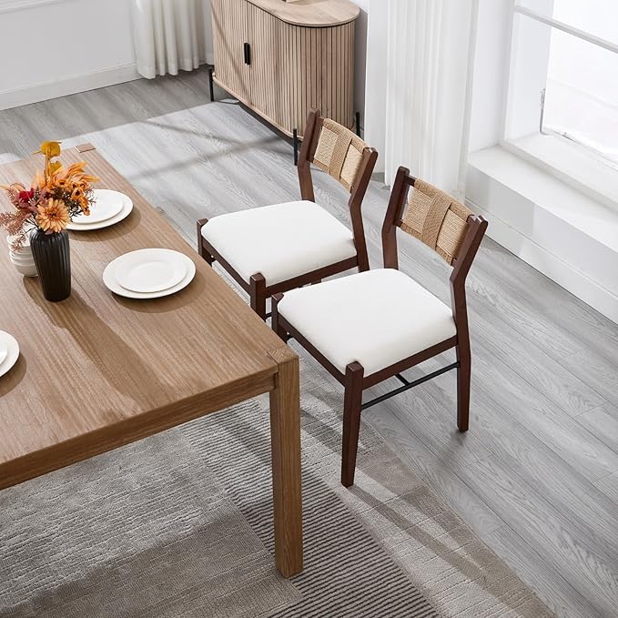 RIVOVA Farmhouse Woven Dining Chairs Set of 2 with Weave Paper Rope Back, White Chenille Upholstered Kitchen & Dining Room Chairs with Walnut Wood Legs, Mid-Century Armless Kitchen Side Chair