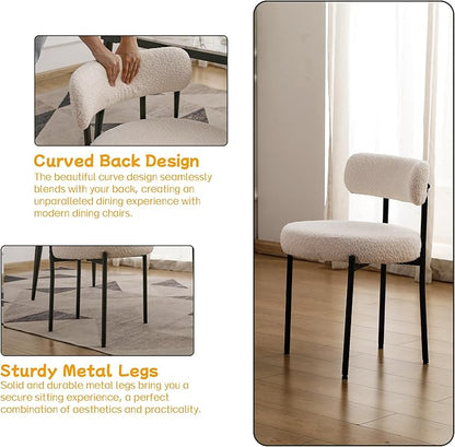 EDWELL White Dining Chairs Set of 4, Modern Dining Room Chairs with 3.94“ Cushions and Metal Legs, Round Upholstered Kitchen Dining Chairs, Ergonomic Backrest Boucle Chairs for Kitchen, Living Room