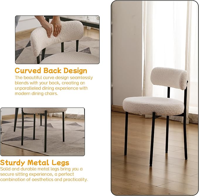 EDWELL White Dining Chairs Set of 2, Modern Dining Room Chairs Mid Century with 3.94" Cushions and Metal Legs, Round Upholstered Boucle Chairs for Kitchen, Living Room, Easy Assembly