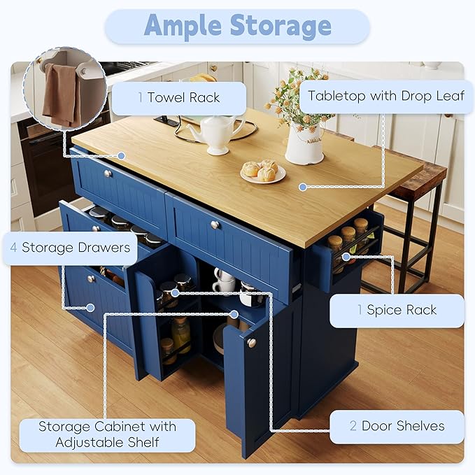 Farmhouse Kitchen Island with Drop Leaf and 2 Seatings, Kitchen Table Set with Storage Cabinet, Drawers, Door Shelves and Power Outlet Blue+Black+Brown