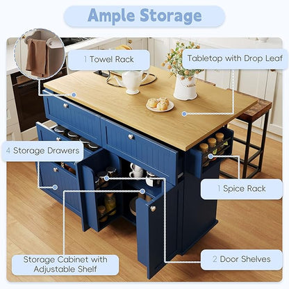 Farmhouse Kitchen Island with Drop Leaf and 2 Seatings, Kitchen Table Set with Storage Cabinet, Drawers, Door Shelves and Power Outlet Blue+Black+Brown