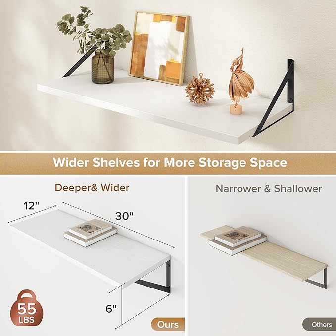 Acovy Deep Floating Shelves Wall Mounted, 30"x12" White Wall Shelves with Brackets Set of 2 for Bedroom, Living Room, Bathroom, Kitchen, Office - Storage & Display Shelf for Decor, Books, Plants