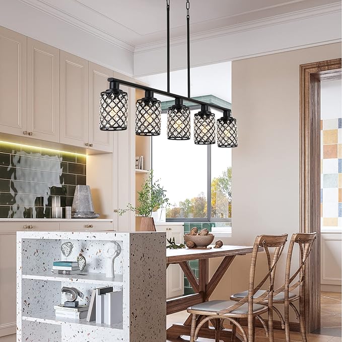 Kitchen Island Lighting,5-Light Dining Room Light Fixture Over Table,Black Linear Chandelier with Black Handmade Crystal Shade,Pendant Lighting for Kitchen Light Dining Table Living Room