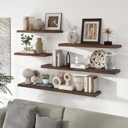 RICHFOCUS Live Edge Elm Floating Shelves - 40" W x 9.3" D Rustic Solid Wood Wall Shelves with Invisible Bracket, Wall-Mounted for Living Room, Bedroom, Kitchen Storage & Display, Set of 2, Walnut