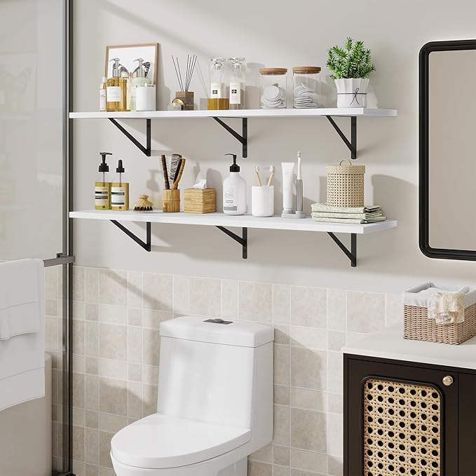 Acovy 48inch Floating Shelves for Wall,10" Deep Floating Shelves with Metal Brackets,Wall Mounted Hanging Floating Shelf,Wide Display Shelves for Living Room,Bedroom,Office,Kitchen,White
