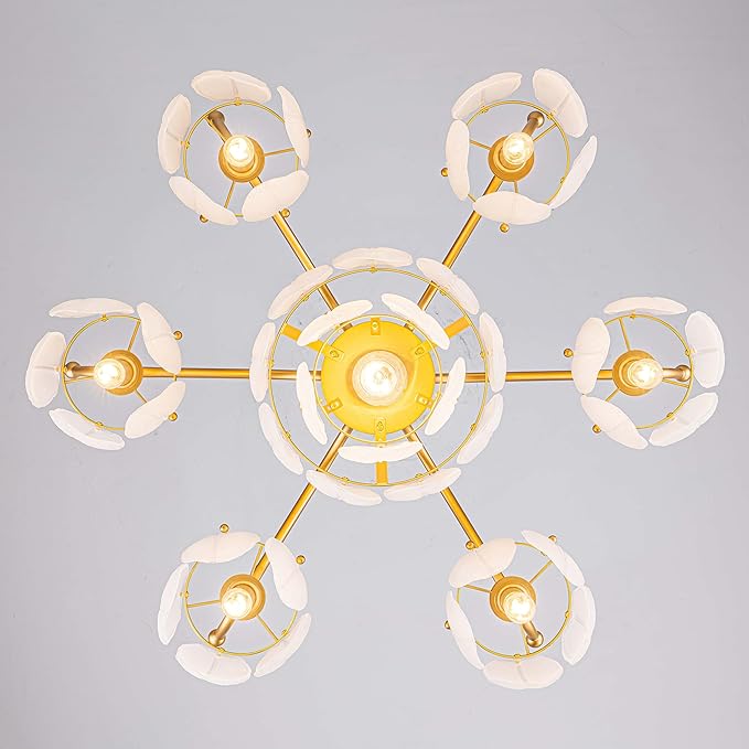 LumFurn D29inch Glass Chandelier, 7-Light Modern Pendant Light Fixture for Dining Room, Living Room, D29 x H27~72 inch Adjustable Height, Frosted Feather-Shaped Glass Shade & Brass Finish Frame