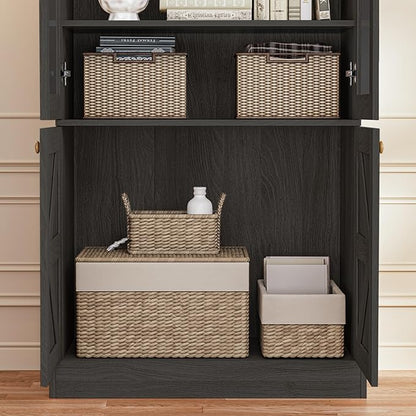 ivaniti 71" Tall Farmhouse Kitchen Pantry, Large Storage Cabinet with Glass Doors, Adjustable Shelves, 3 Drawer, Wood Versatile Hutch Cabinet for Dining Room, Living Room, Black 3 Pcs