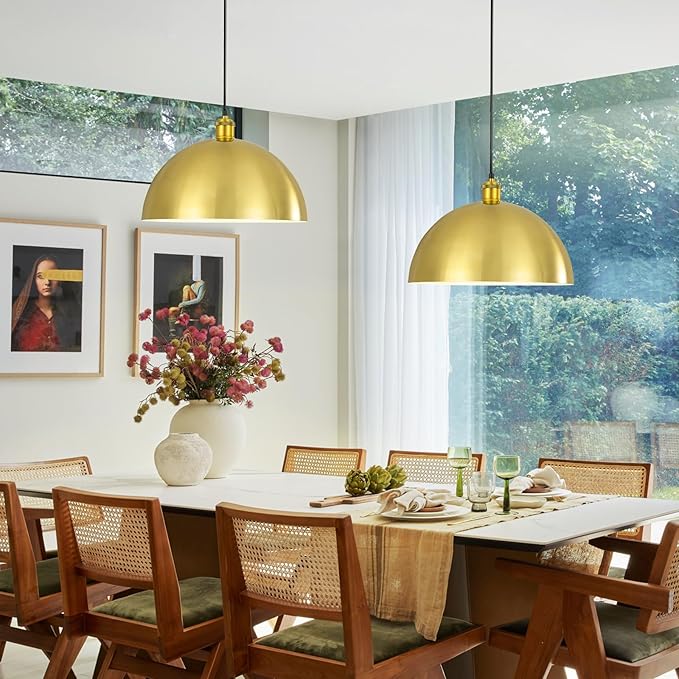 Gold Pendant Light, 12" Farmhouse Ceiling Light with Gold and White, Elegant Semi-Circular Shade Design, Adjustable Height Industrial Dome Pendant Lights for Kitchen Island, Dining Room