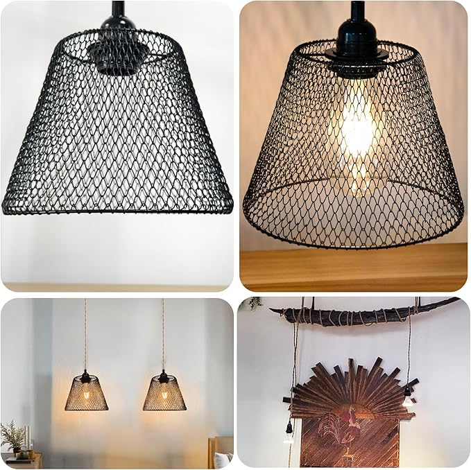 2-Light Plug in Pendant Light with Black Metal Cage Lampshade Ø20cm, E26/E27 Hemp Rope Vintage Hanging Lights Kit with Plug in Cord 19.68ft for Dining Room Living Room, No Bulb