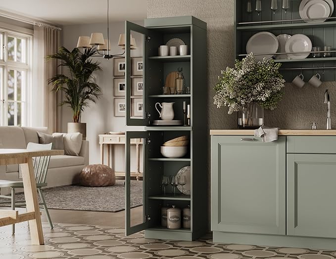 Palace Imports Solid Wood Kitchen Pantry Cabinet w/Glass Doors - Narrow Storage Cabinet - 16.5" Wide x 71.5" Tall - Sage, Adjustable Shelves, 100% Eco-Friendly Wood, Modular Cabinets