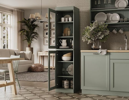 Palace Imports Solid Wood Kitchen Pantry Cabinet w/Glass Doors - Narrow Storage Cabinet - 16.5" Wide x 71.5" Tall - Sage, Adjustable Shelves, 100% Eco-Friendly Wood, Modular Cabinets