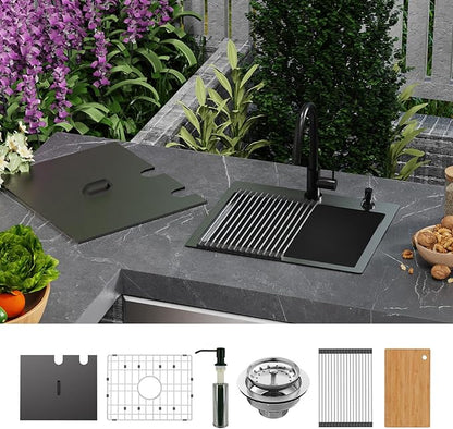 Black Stainless Steel Drop In Single Bowl Sink, 21"x18" With Dust Lid, Built-in Ledge Topmount Workstation Sink for Outdoor & Indoor Kitchens