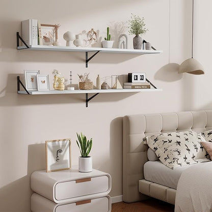 Acovy Deep Floating Shelves,55" Wx10 D Wood Wall Shelves Set of 2,Long Wood Floating Shelf with Metal Brackets,Floating Bookshelf for Living Room,Kitchen,Office,Bedroom,Decor Storage,White