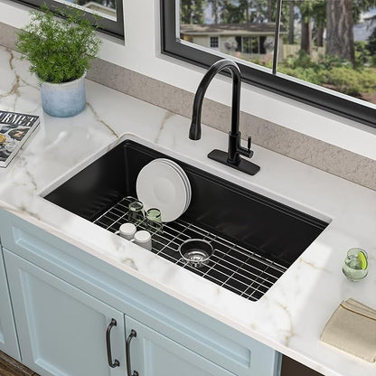 30 Granite Composite Kitchen Sink - Fulorni 30"x19" Black Granite Kitchen Sink Undermount Ledge Workstation Matte Black Quartz Composite Under Counter Single Bowl Sink Basin