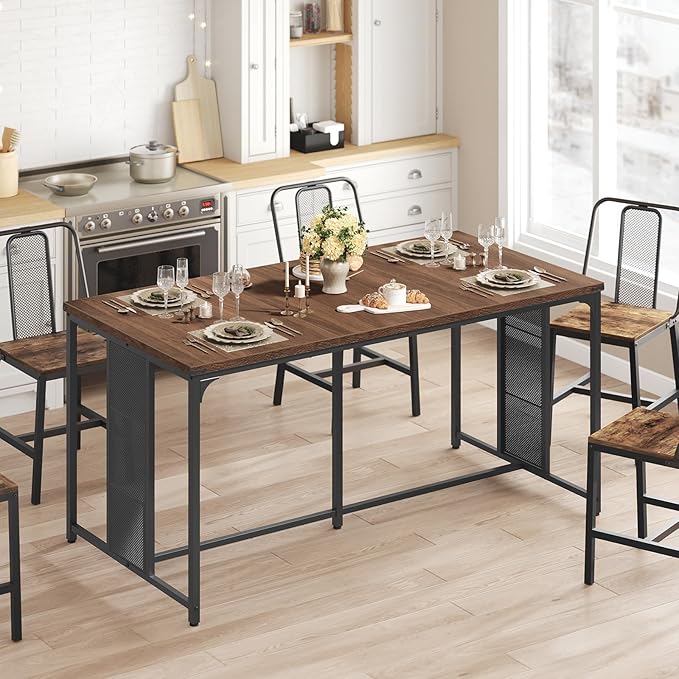 YATINEY Dining Table for 6-8, 63" Large Kitchen Table, Industrial Dining Room Table, Wooden Rectangular Table with Adjustable Feet, for Dinner, Kitchen, Walnut and Black CZ03BH