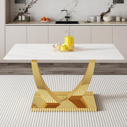 AZmac 63'' White Dining Table, Faux Marble Dining Room Table for 4-6, Tempered Glass Dinner Table with Gold U Shaped Legs for Kitchen Dining Room