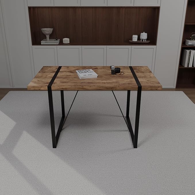 55" Stain-Resistant Dining Table, Kitchen Table with Metal Legs, Dinner Tables with Stable Frame for Dining Room & Living Space, Wood