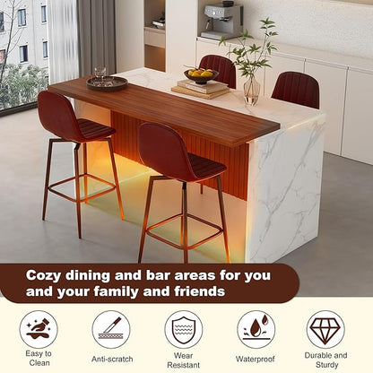 63" Modern Kitchen Island with Marble-Look Surface with 2/4 Bar Stools, Island Table with LED Lights, for Kitchen,Dining Room, Bar, Office, Living Room (White+4Dark Brown)