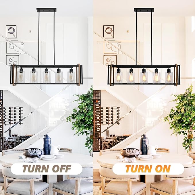 Dining Room Light Fixture, 5-Light Black Chandeliers for Dining Room, Farmhouse Kitchen Island Lighting, Pendant Lights Kitchen Island, Dining Room Chandelier Over Table, with Glass Shade, E26 Socket