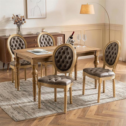 SoarFlash French Dining Chairs Set of 4, Vantage Dining Chair with Round Back, Farmhouse Country PU Leather Dining Chair for Kitchen,Bedroom,Brown