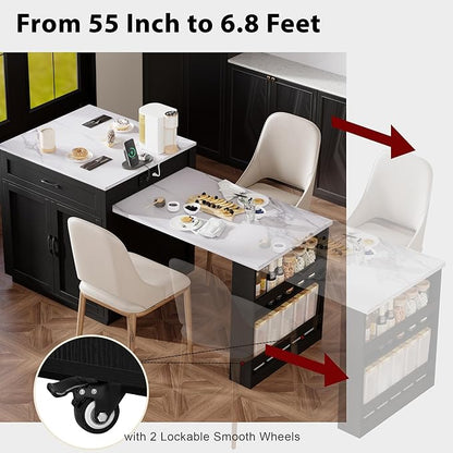 Modern Dining Table 82.7 Inch Kitchen Island with Extendable Table for 4-6 Person, Faux Marble Kitchen Table with, Power Outlet, Wood,Black-Wood