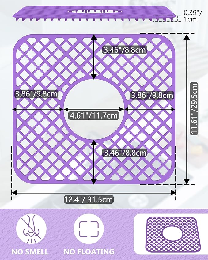 2 Pack Silicone Sink Protector for Kitchen Sink, Trellis Pattern 12 x 11" Sink Grid Mat Silicone Protectors, Center Drain, Purple