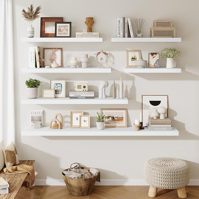 Fun Memories Floating Shelves for Wall 10 Inch, 10 Inch Deep Square Wall Shelves, Bathroom Storage Shelves Over Toilet, Wood Floating Shelves for Living Room Bedroom, White, Set of 2