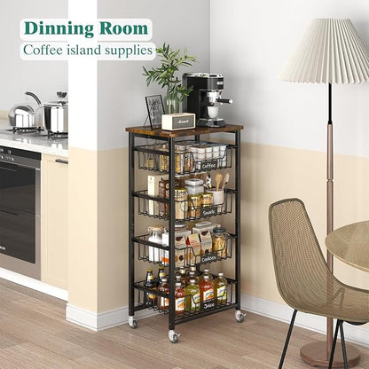XYZLVSI Kitchen Storage Cart with Wheels, 5-Tier Metal Utility Rolling Cart Fruit Vegetable Storage Basket Pantry Rack with Wood Top & Pull Out Baskets for Kitchen, Livingroom, Diningroom, Office
