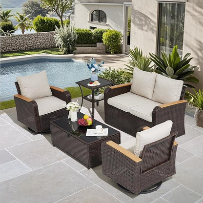 5 Pieces Outdoor Furniture Set with Swivel Chairs, Patio Wicker Patio Furniture Sets for Porch Deck Bistro Lawn Garden Backyard Poolside-Khaki
