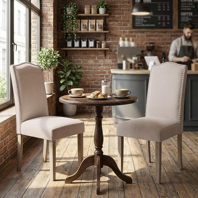 Upholstered Dining Chair Modern Stylish Parsons Kitchen Diner High Back with Silver Nailhead Trim & Wood Legs, Set of 2