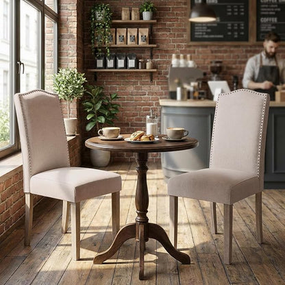 Upholstered Dining Chair Modern Stylish Parsons Kitchen Diner High Back with Silver Nailhead Trim & Wood Legs, Set of 4, Fabric Beige