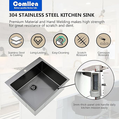 Comllen 25 x 22 Inch Drop In Black Kitchen Sink,Topmount 16 Gauge Stainless Steel Black Kitchen Sinks, 9 Inch Deep Utility RV Sink with Basket Strainer