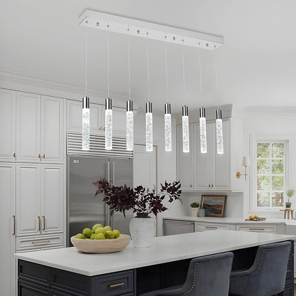 8 Light Pendant Lights Kitchen Island, Modern Chrome Crystal Pendants with Dimmable 3000K-6000K LED Ceiling Hanging Light Fixture for Dining Room Bedroom, Adjustable Height 78"