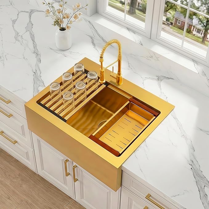 30 Inch Farmhouse Gold Sink, 16 Gauge 304 Stainless Steel Farm Sinks, Drop In Topmount Single Bowl Workstation Sink with all Accessories, 30" x 22" x 10" Large and Deep Kitchen Sink