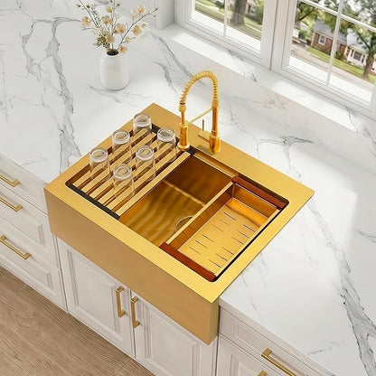 30 Inch Farmhouse Gold Sink, 16 Gauge 304 Stainless Steel Farm Sinks, Drop In Topmount Single Bowl Workstation Sink with all Accessories, 30" x 22" x 10" Large and Deep Kitchen Sink