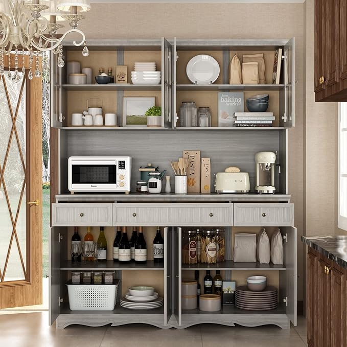 FUFU&GAGA 74.8" Tall Kitchen Pantry Cabinet with 5 Tiers Shelf, 8 Doors & 3 Drawers & Microwave Stand, Freestanding Hutch Cabinet with Buffet Cupboard for Kitchen, Dinningroom