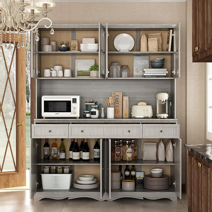 FUFU&GAGA 74.8" Tall Kitchen Pantry Cabinet with 5 Tiers Shelf, 8 Doors & 3 Drawers & Microwave Stand, Freestanding Hutch Cabinet with Buffet Cupboard for Kitchen, Dinningroom